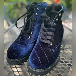 Sandro Paris - Women’s Quilted Blue Velvet Ranger Lace-Up Ankle Boots - SZ EU 39